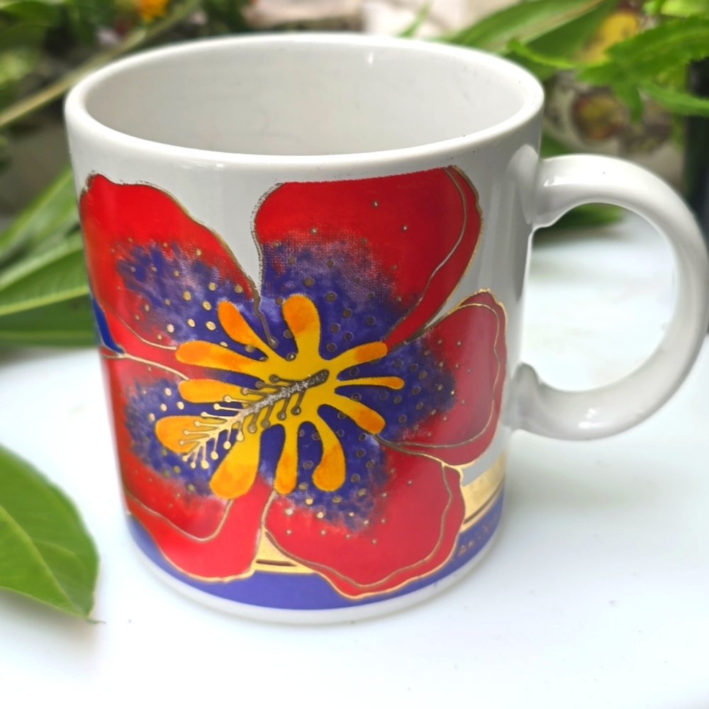 Laurel Burch Vintage 1990'sFloral Hibiscus Coffee Mug Cup Gold Trim Japan
